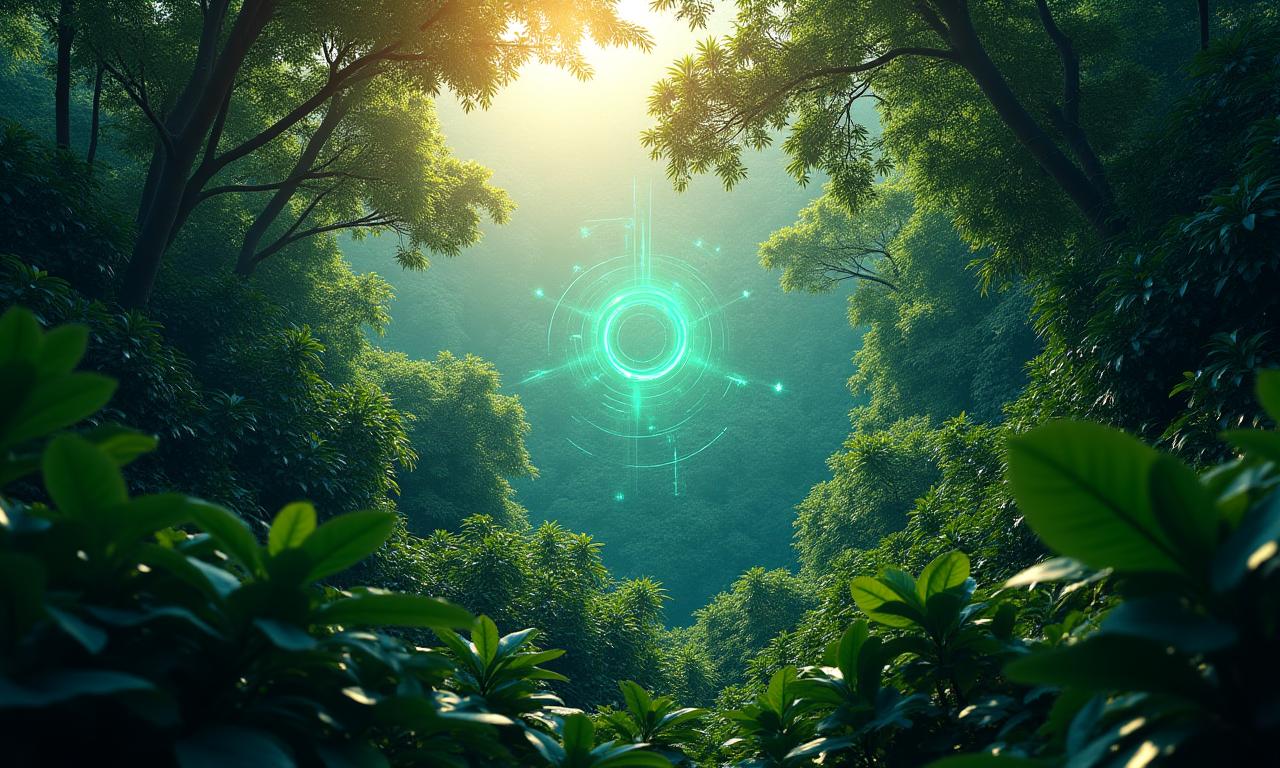Lush rainforest canopy with an ethereal blockchain network overlay