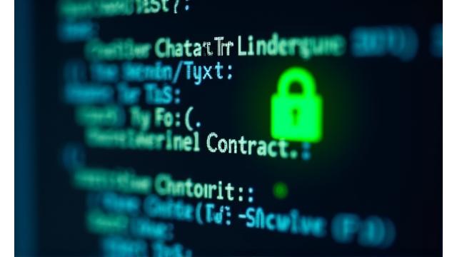 Close-up of smart contract code on a screen with secure lock icon overlay