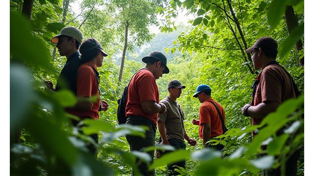 Team of conservationists working in a lush rainforest