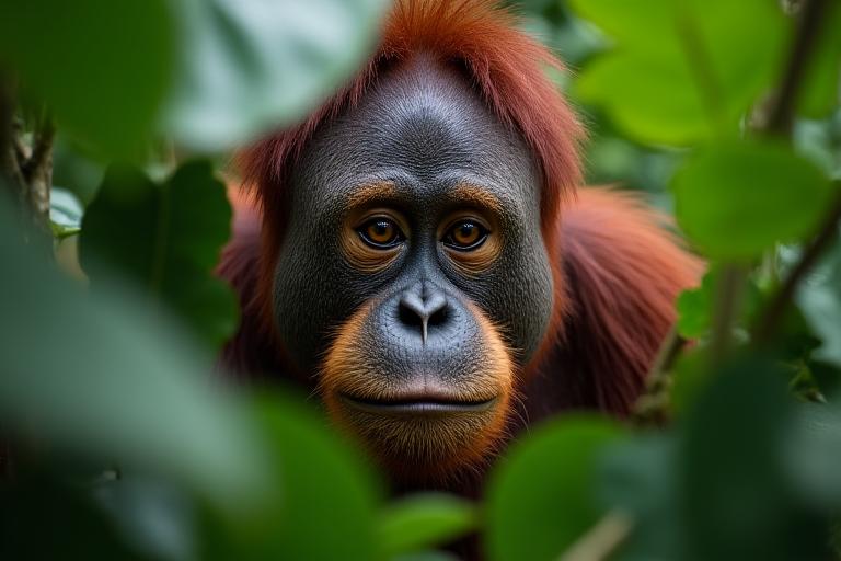 A majestic orangutan looking thoughtfully through rainforest foliage in Borneo, highlighting wildlife conservation.