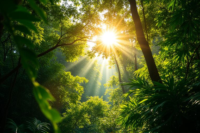 Lush, vibrant Amazon rainforest canopy with the sun breaking through, symbolizing growth and protection.