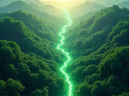 Blockchain network overlaying a rainforest scene, symbolizing financial transparency and conservation funding