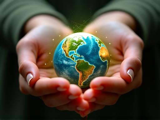 Hands holding a glowing earth with a digital network, symbolizing global impact and care